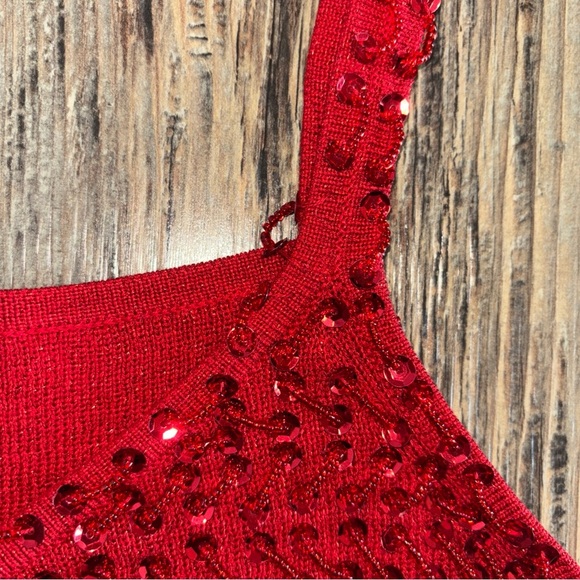 Quest-Ce Que C'est? Silk & Metallic V-Neck Tank Top Womens Lg Red Beads Sequins - Picture 11 of 11